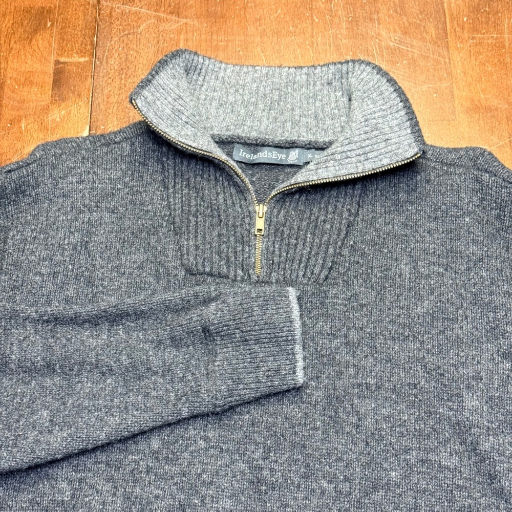 IrelandsEye 100% Wool Quarter 1/4 Zip Sweater Mens XL Grey Irish Knit Pullover